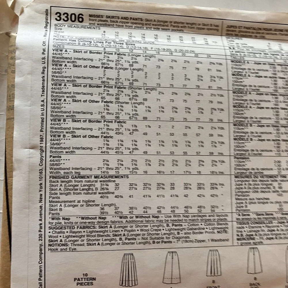 McCall's 3306 Front‎ Pleated Skirt & Pants Sz 12-16 UNCUT Pattern Business Pro